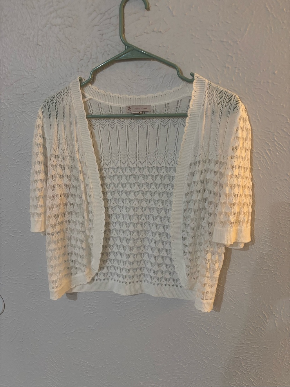 Db establishes shed 1962. Open-Knit Short Sleeve Cardigan Sweater, white